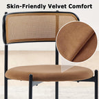 Rattan Dining Chairs Set of 6, Velvet Mid-Century Modern Upholstered Dining Chairs with Woven Cane Backrest, Brown Kitchen Dining Room Chairs