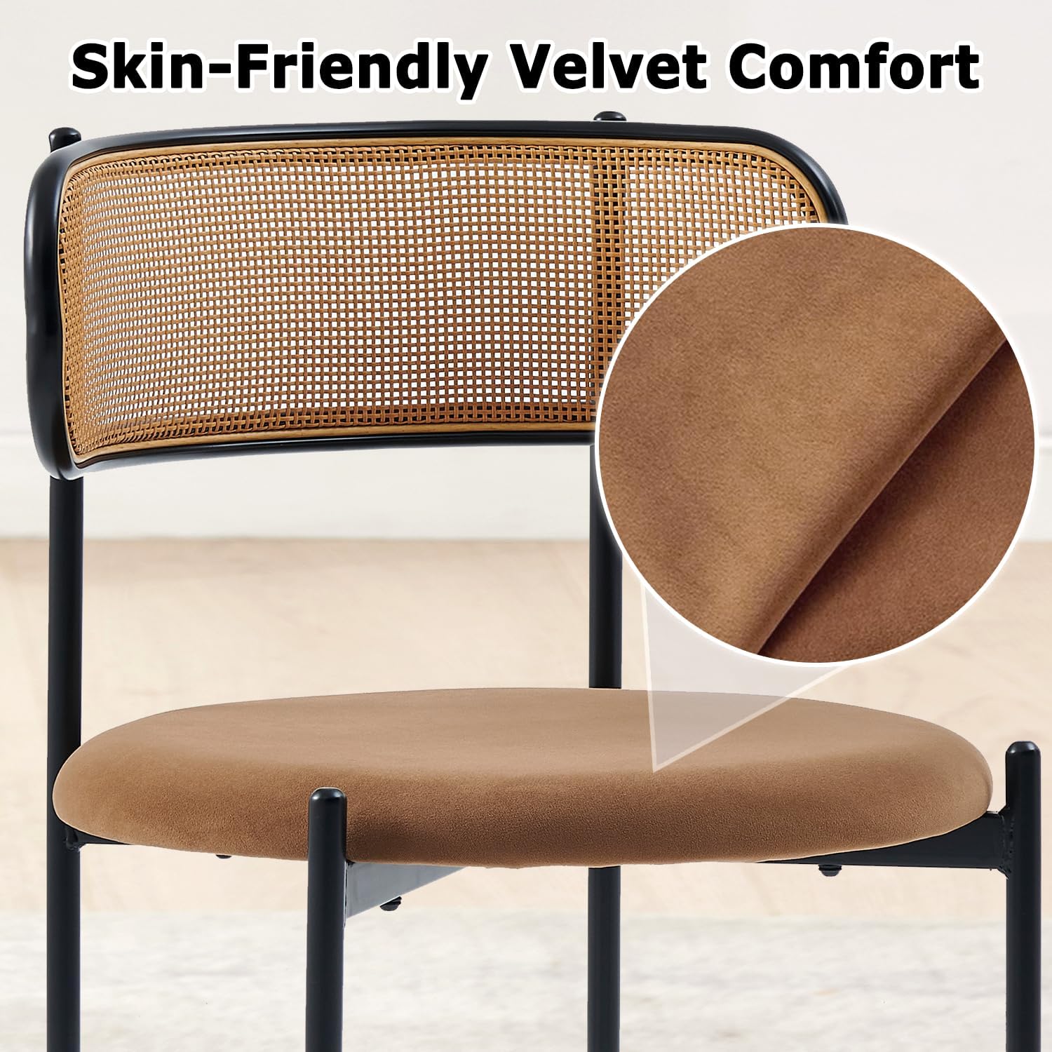 Rattan Dining Chairs Set of 6, Velvet Mid-Century Modern Upholstered Dining Chairs with Woven Cane Backrest, Brown Kitchen Dining Room Chairs