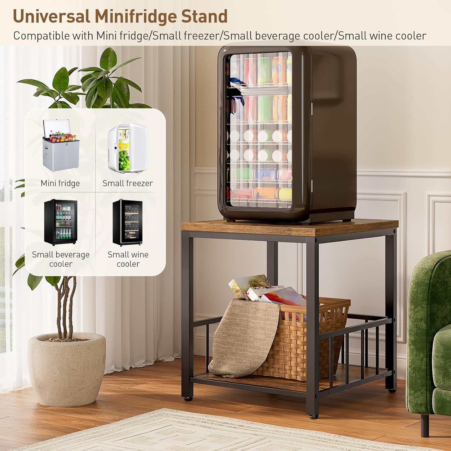 RALGEND End Table, Mini Fridge Stand with Storage, 20" Mini Fridge Cabinet with 2-Tier Storage Shelves, Mini Fridge Table Adjustable Feet, for Kitchen, Living Room, Rustic Brown and Black 5001RSBF