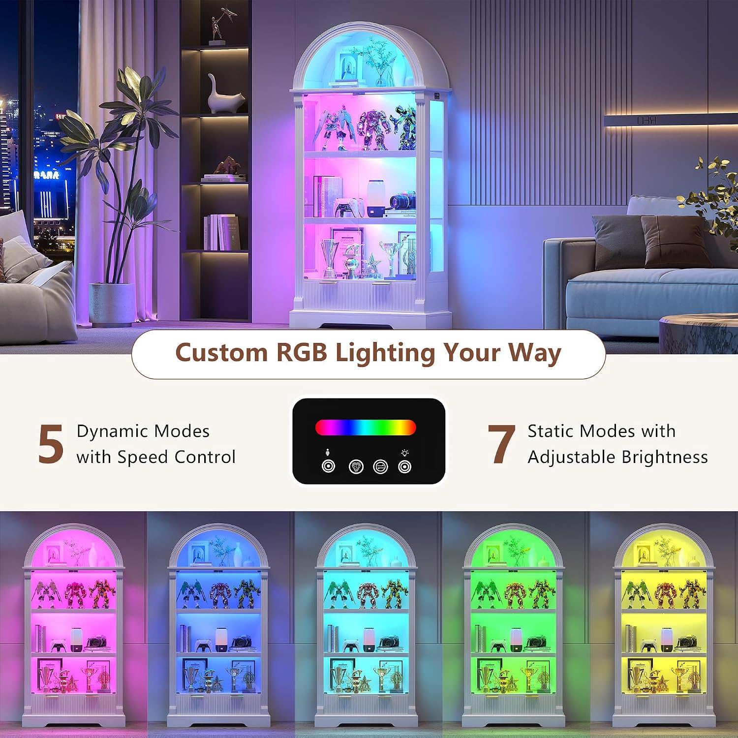 Dystler Curio Cabinet with RGB Lights, 72" Tall Arched Display Cabinet with Glass Doors, 4-Tier Large Shelf Display Case for Collectibles Bookcase Living Room, White