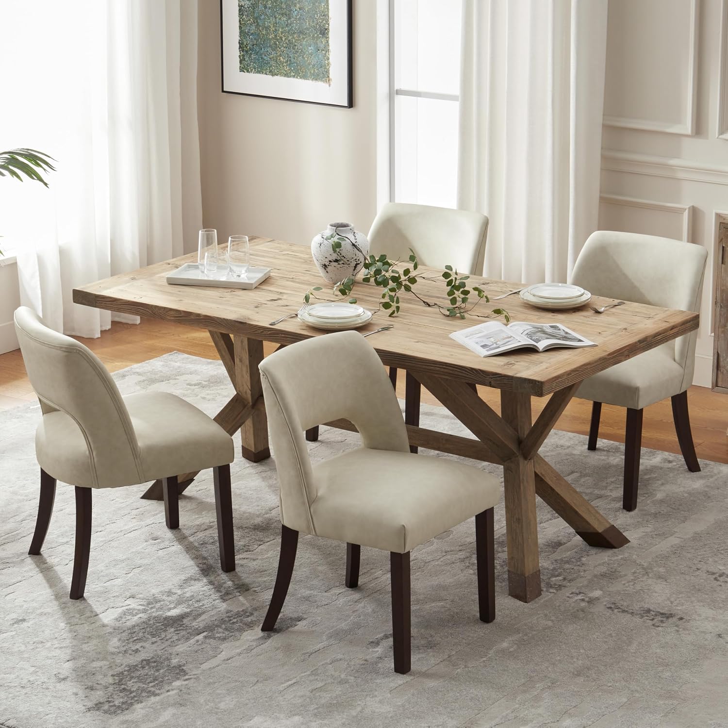VKNOW Modern Dining Chairs Set of 4, Faux Leather Upholstered Dining Room Chair Kitchen Chairs, Farmhouse Dinner Chair for Kitchen Dining Room, Beige