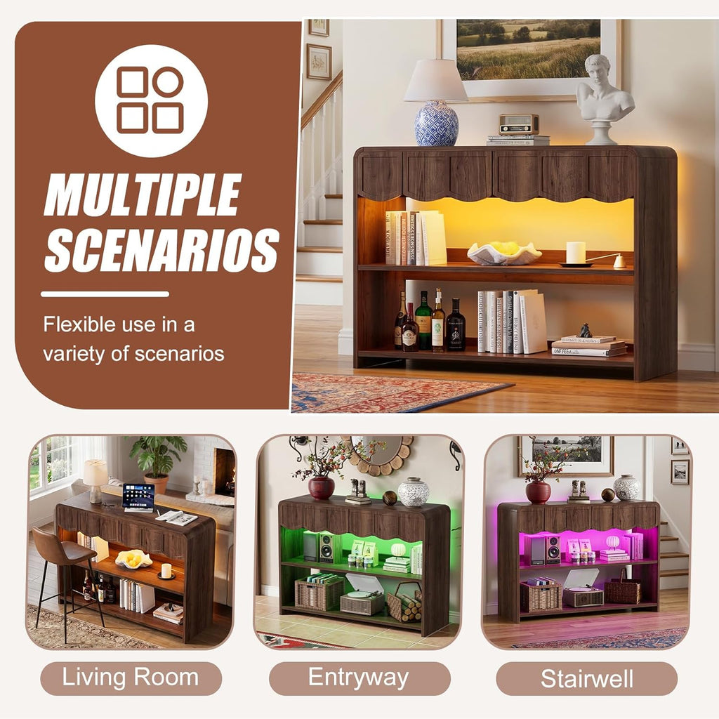 PAKASEPT Retro Entryway Table with RGB LED Lights, 43" Walnut Console Table with 3 Drawers & 2 Open Storage Shelves, Mid-Century Modern Hallway Accent Tables Behind Couch Table for Living Room