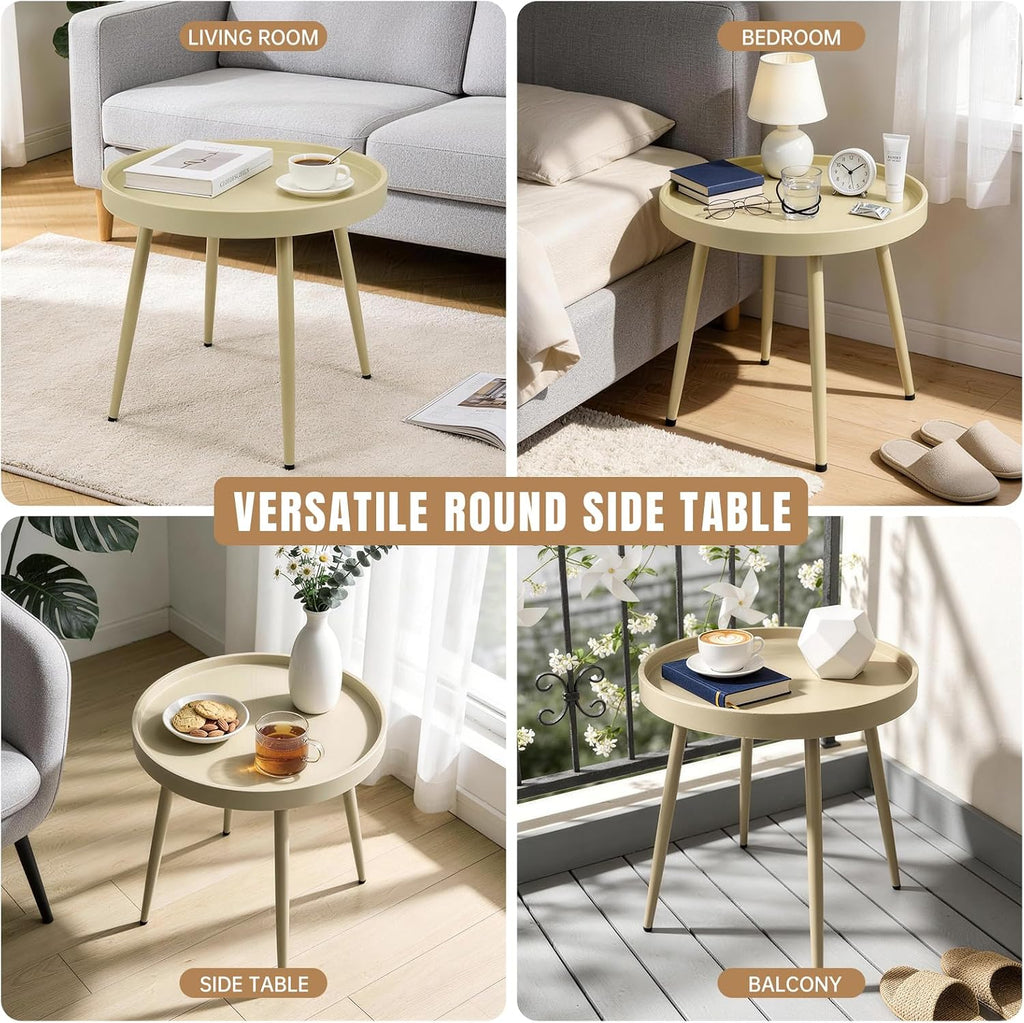 20" Round Side Table, Plastic Top, Iron Frame, Waterproof, Camel | Waterproof, easy-clean plastic top.Tool-free assembly, sets up in minutes.End table, Nightstand, Accent table. Lightweight.