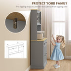 71-inch Height Kitchen Pantry, freestanding with Reversible Adjustable Shelves Three Heights, Wide countertop Cable Access, Gray and Yellow Oak Finish