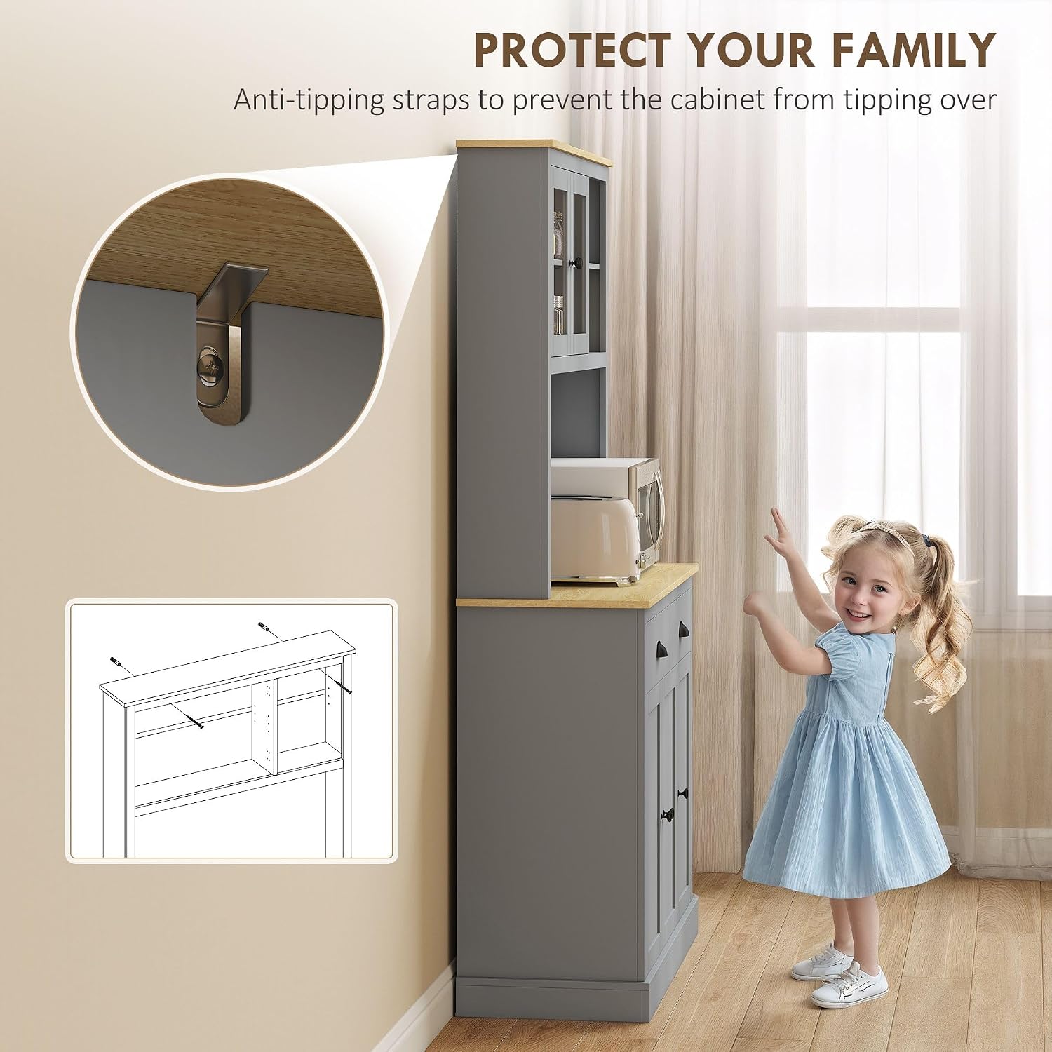 Kitchen Pantry Unit 71 inch, freestanding, Adjustable Shelves Three Heights, Wide countertop for Cable, Gray Oak Yellow Finish