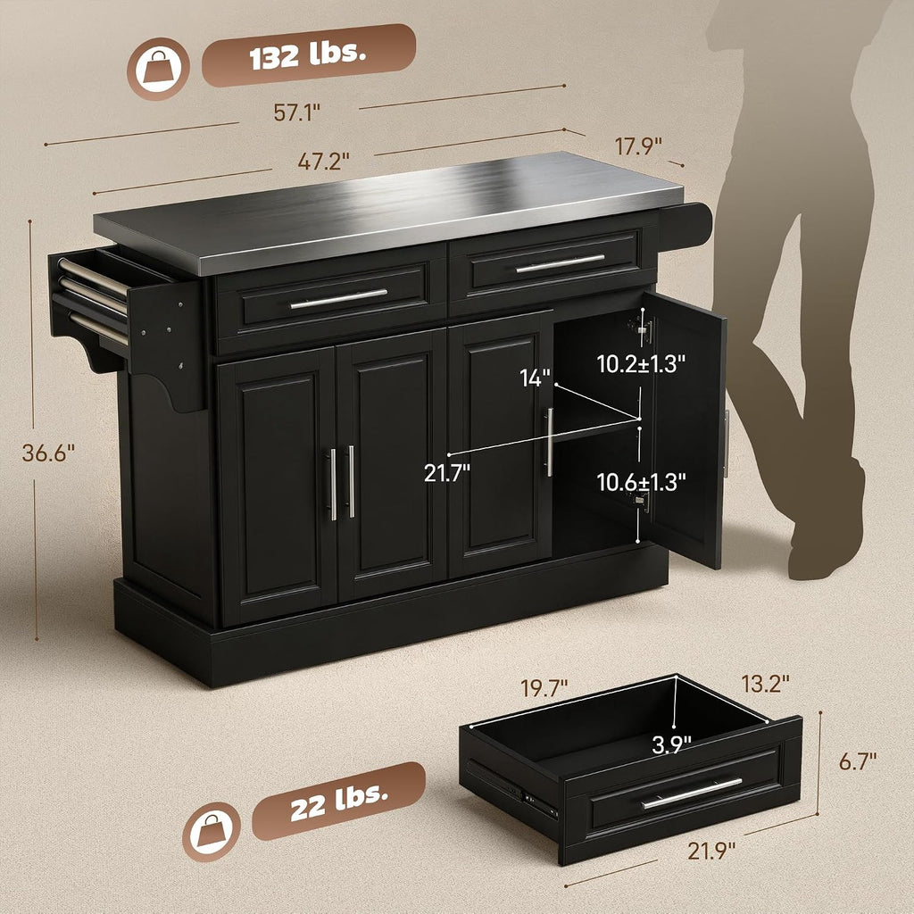HOMCOM Rolling Kitchen Island Cart with 47" Stainless Steel Top Black | Portable Island Table for Kitchen, Wheels, Adjustable Shelves, 2 Drawers, Spice, Knife and Towel Rack