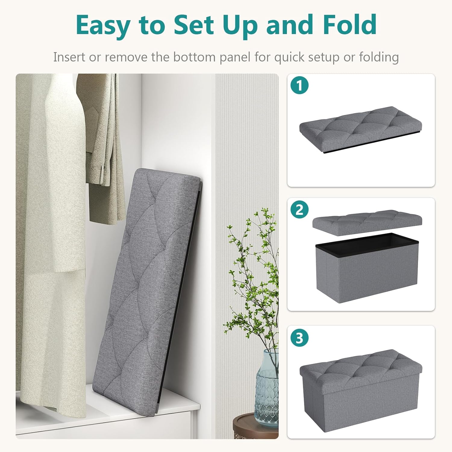 30 Inches Storage Ottoman, Folding Storage Ottoman Bench,Ottomans Foot Rest, End of Bed Bench 400LBS, Ottomans Bench Storage for Bedroom, Entryway, Living Room, Grey, 15" D x 30" W x 15" H