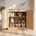 FURSUN Modern Fluted Sideboard with Curved Design, 31" Wood Buffet Cabinet with 2 Doors & Adjustable Shelves, Elegant Coffee Bar Cabinet for Kitchen, Dining Room & Entryway, Natural Oak
