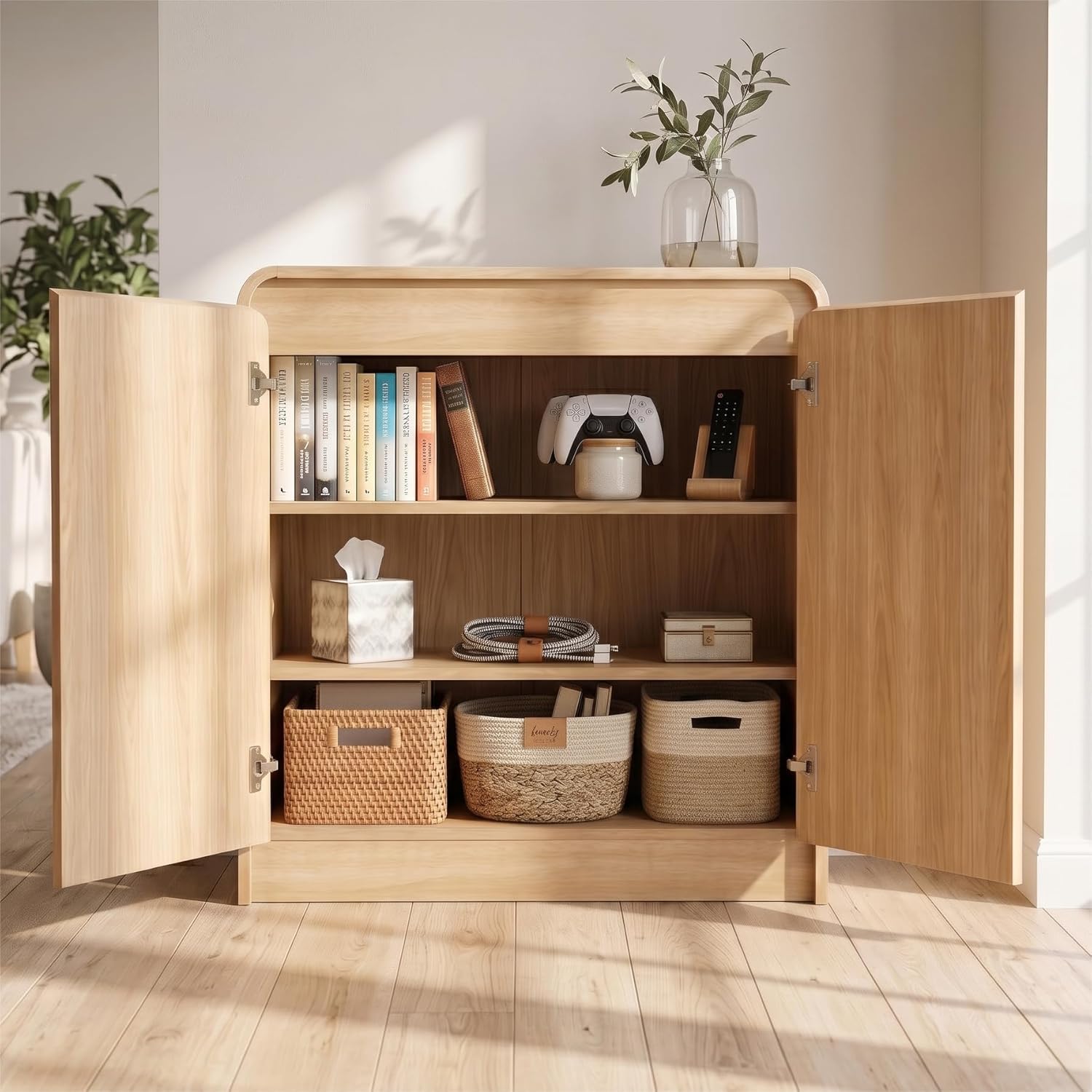FURSUN Modern Fluted Sideboard with Curved Design, 31" Wood Buffet Cabinet with 2 Doors & Adjustable Shelves, Elegant Coffee Bar Cabinet for Kitchen, Dining Room & Entryway, Natural Oak
