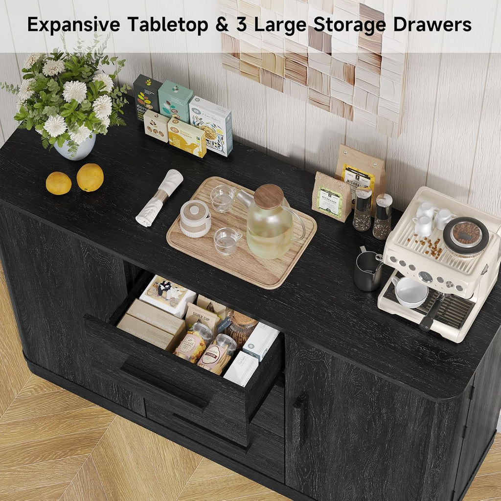 ONBRILL 47" Sideboard Buffet Cabinet with Storage and 3 Drawers, Large Buffet Cabinets with 2 Doors, Console Credenza, Modern Coffee Bar Table w/Adjustable Shelves for Dining Room, Living Room, Black