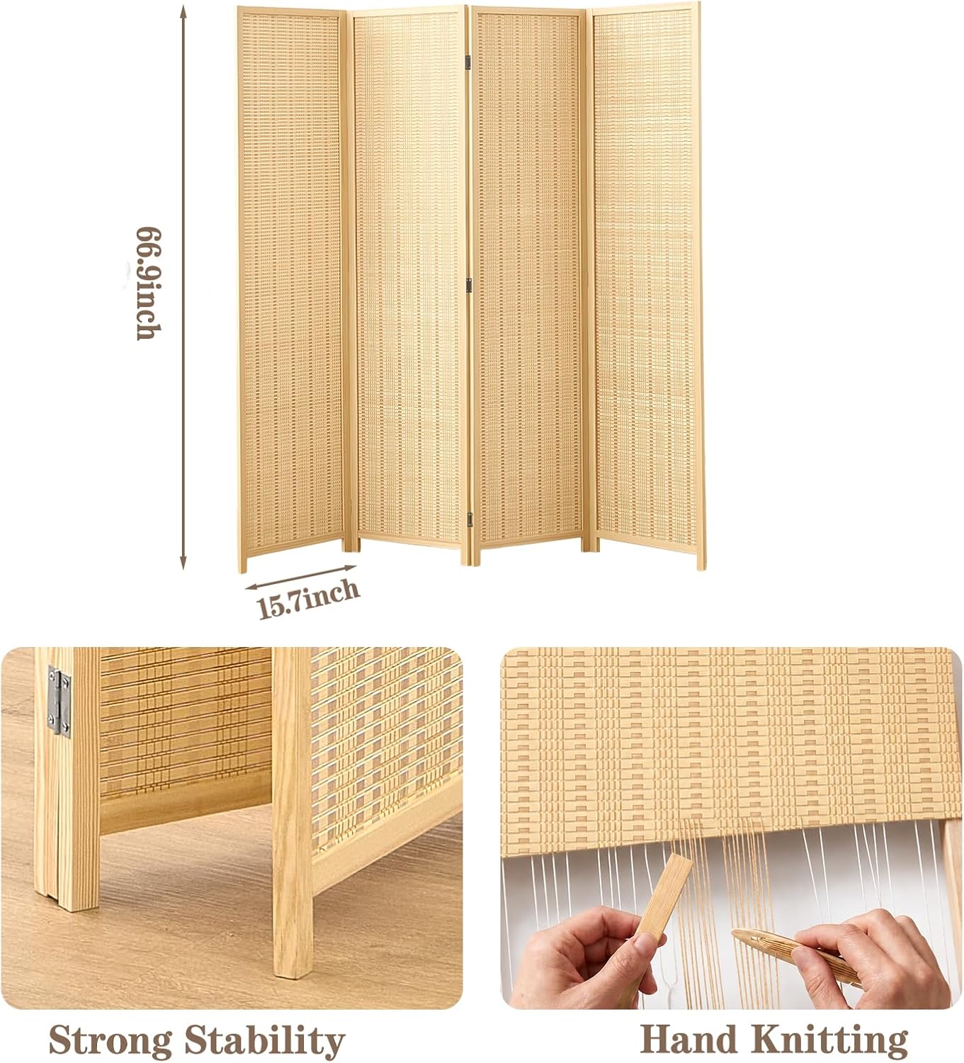 4 Panel Room Divider and Extra Wide Folding Privacy Screen, 63" W x 67" H, Bamboo Room Divider for Room Separation