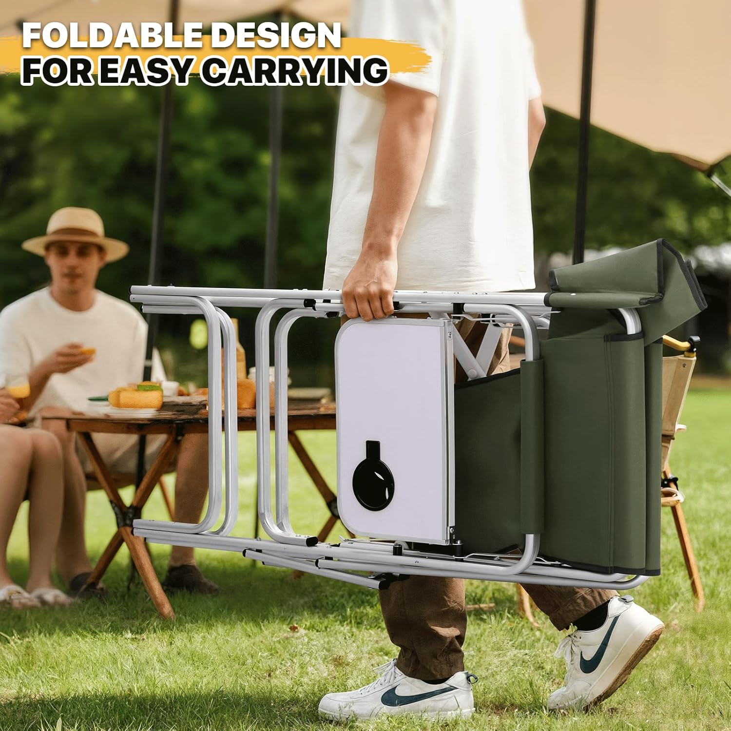 MoNiBloom 44.5'' Tall Makeup Artist Director Chair, Foldable Portable Aluminum Frame Folding Chair with Side Table, Cup Holder and Storage Pockets, 250 lbs Capacity, Dark Green
