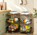 2 Pack Pantry Floor Organizeron with Wheels, 3 Tier Rolling Fruit Vegetable Basket for Kitchen Stackable Wire Basket Stand for Home Removable Metal Vegetable Rack Wire Snack Cart