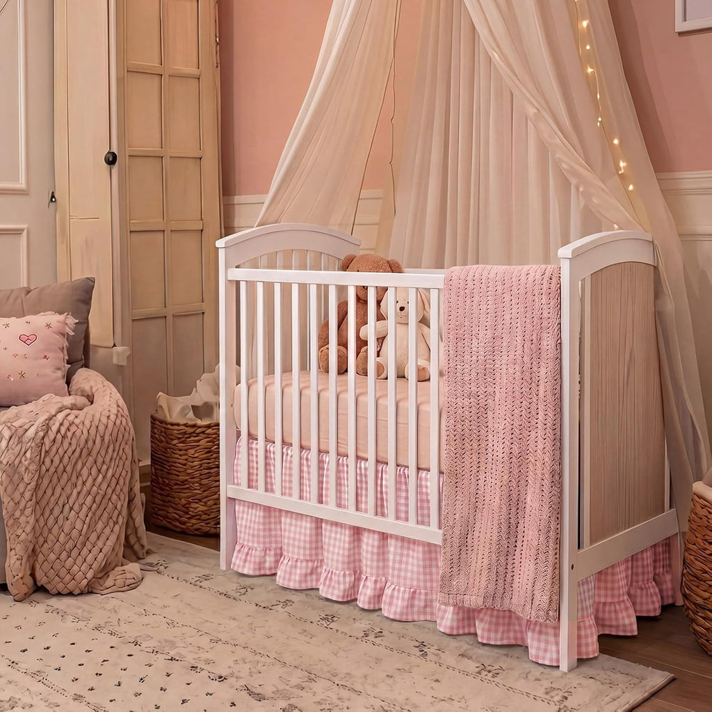 Gingham Crib Skirt Dust Ruffle 52 x 28 Inch 100% Washed Cotton Ruffle Plaid Baby Crib Bed Skirt Soft Farmhouse for Boys & Girls Nursery Bedding Decor, Fits Standard Cribs(Pink)