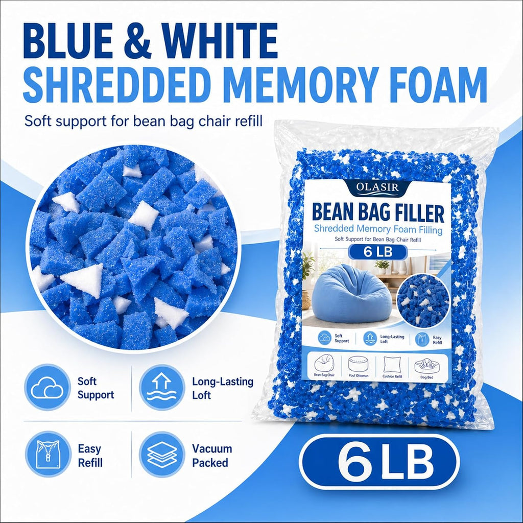 Bean Bag Filler, 6lbs Shredded Memory Foam Filling, Memory Foam Pillow Stuffing for Bean Bag Refill, Couch, Cushion, Stuffed Animals, Dog Bed, Arts Crafts,Blue and White