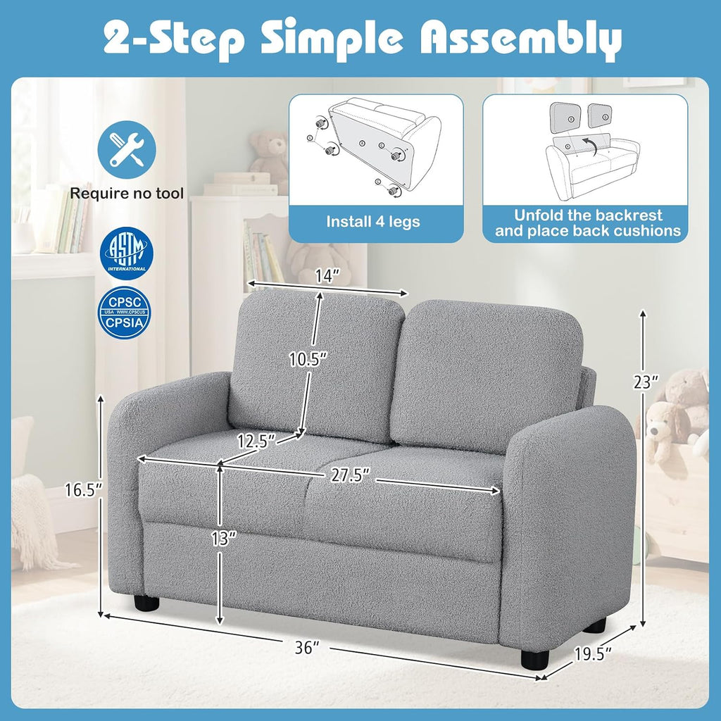 HONEY JOY Toddler Couch, Children Loveseat Sofa Armchair w/Wooden Frame, Teddy Fleece, Flexible Seating for Daycare, Preschool, Playroom, Upholstered Reading Couch, Kids Chair for Boys Girls (Gray)