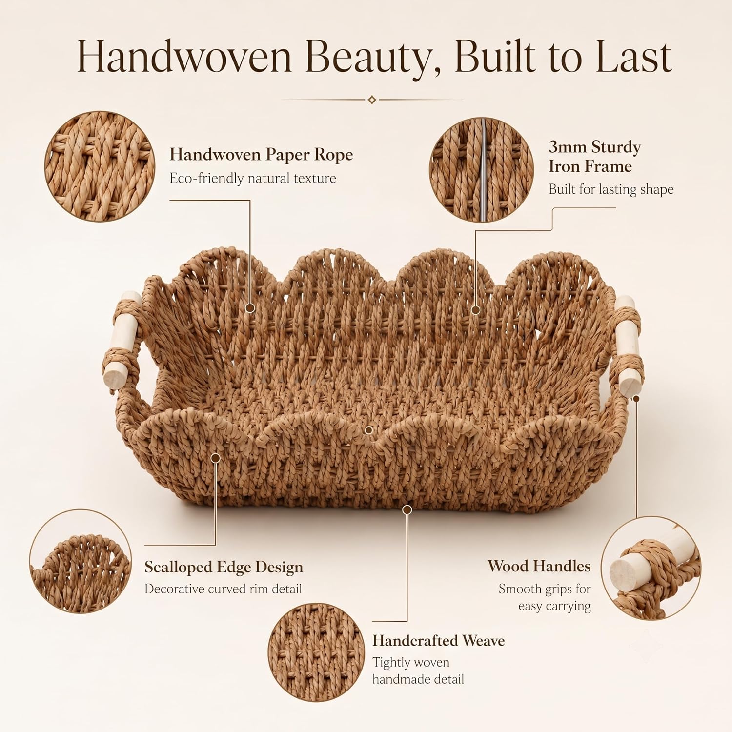 Coeusy 2 Pack Gift Basket, Cute Scalloped Basket with Handles, Decorative Basket for Display,Snack,Shelves, Natural