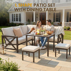 NATURAL EXPRESSIONS 8 Pieces Patio Furniture Sets,Metal Outdoor Sectional Furniture L Shape Conversation Sets with Dining Table,2 Ottomans,Highback Frame,Large Waterproof Cover, 6.5" Cushions for Yard