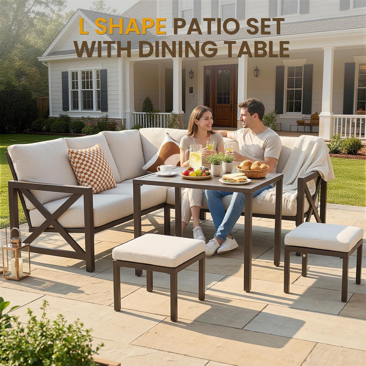 NATURAL EXPRESSIONS 8 Pieces Patio Furniture Sets,Metal Outdoor Sectional Furniture L Shape Conversation Sets with Dining Table,2 Ottomans,Highback Frame,Large Waterproof Cover, 6.5" Cushions for Yard