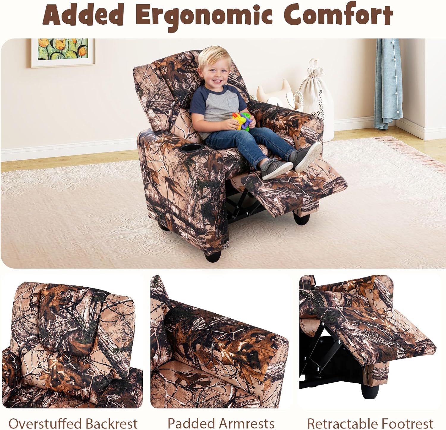 LDAILY Kids Recliner, PU Leather Kids Lounge Chair with Cup Holder, Adjustable Backrest & Footrest, Ergonomic Toddler Recliner Furniture Sofa for Children Boys Girls Age 3+, Living Room (Leaf)