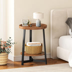 2-Tier Round End Table with Charging Station and Industrial Sofa Side Table,Raised Tabletop with Triangular Metal Frame for Small Spaces, Living Room, Bedroom,Cherry