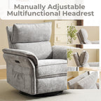 Power Swivel Rocker Recliner, Glider Recliner Nursery Chair with Massage and Heat, Nursery Rocking Chairs with Adjustable Headrest for Living Room，USB Ports,Side Pockets,Chenille Light Grey