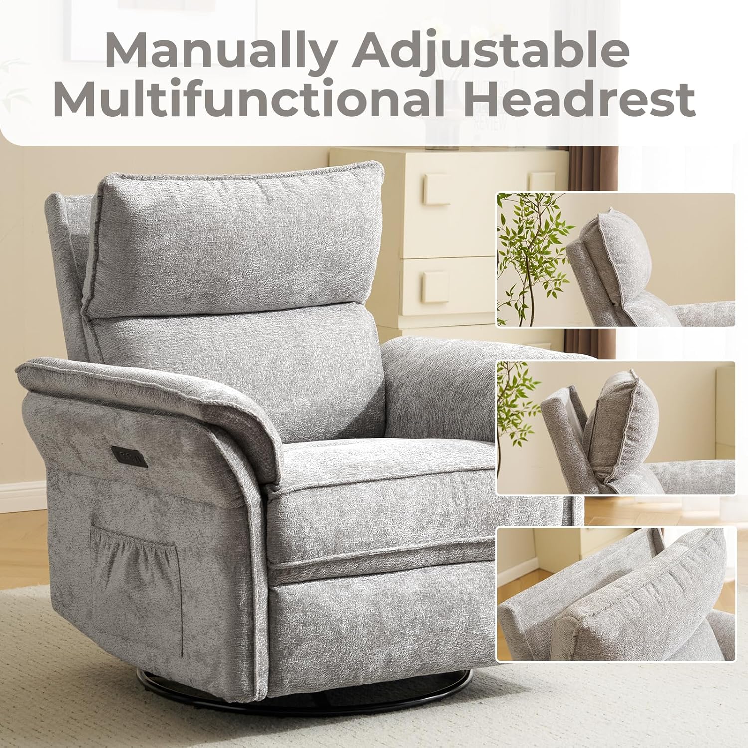 Power Swivel Rocker Recliner, Glider Recliner Nursery Chair with Massage and Heat, Nursery Rocking Chairs with Adjustable Headrest for Living Room，USB Ports,Side Pockets,Chenille Light Grey