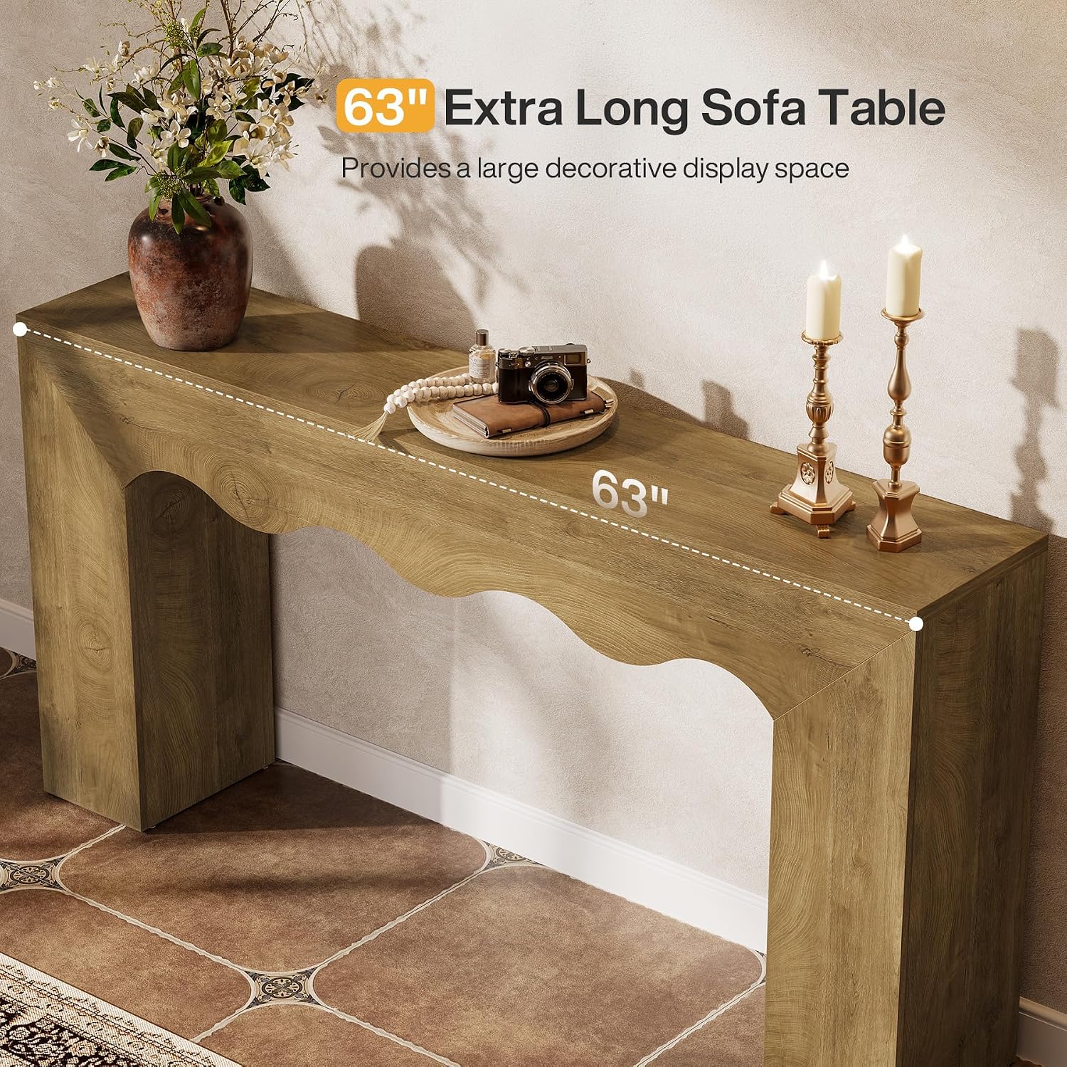 Tribesigns 63" Farmhouse Console Table, Wooden Couch Table Behind Sofa with Storage, Long Entryway Sofa Station, Narrow Console Stand with Base, Hallway Stand for Entryway (1, Light Brown)