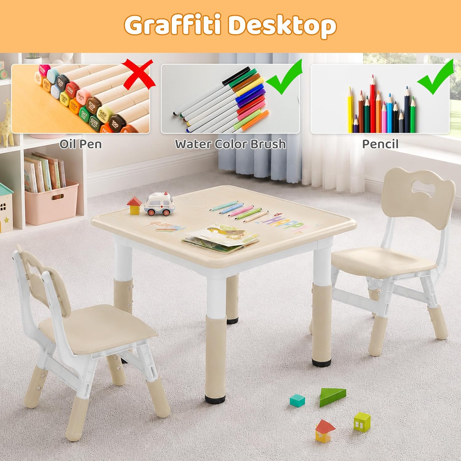 Height Adjustable Kids Table and Chairs Set (2 Chairs) for Ages 2-8 | Non-Slip Toddler Activity Table with Wipe-Clean Desktop, Montessori Learning & Art Drawing Desk for Home Preschool Classroom
