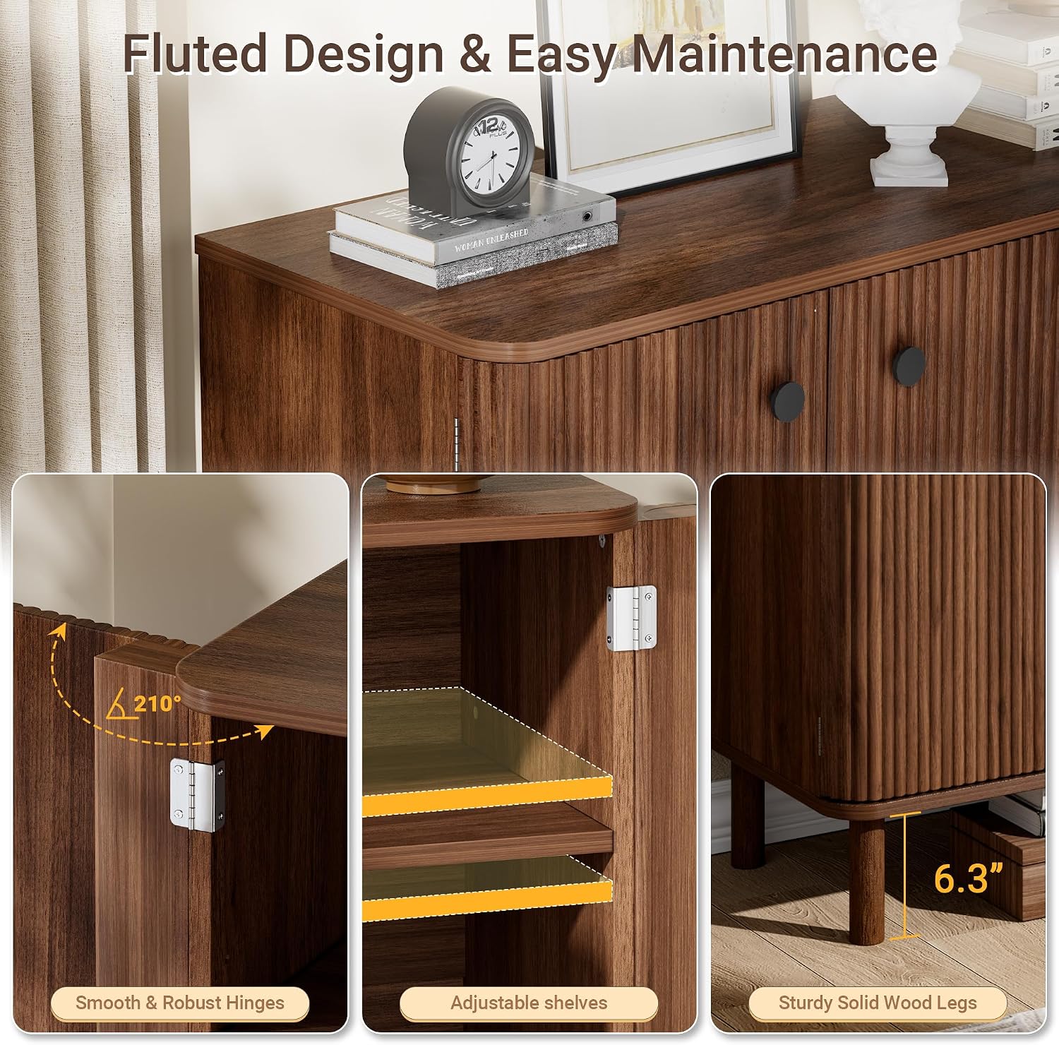 Fluted Sideboard Cabinet, Modern Buffet Cabinet, Small Storage Cabinet with Adjustable Shelves & Wood Legs, Accent Credenza Sideboard for Kitchen, Coffee Bar, Living Room, Entryway, Hallway