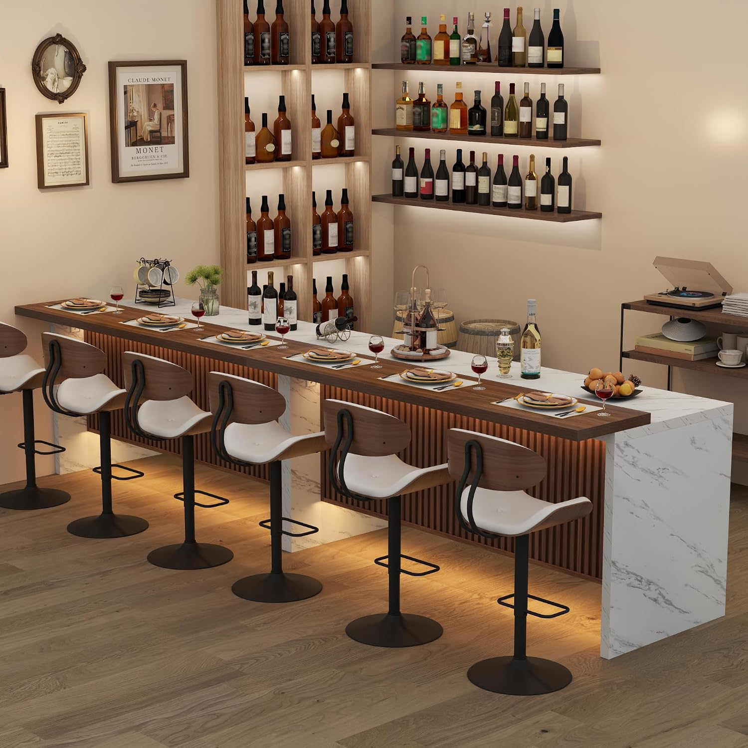 Gyfimoie 71" Large Imitation Marble Bar Table,Island Table with LED Lights | Mordern Marble Stripes Dining Table with Grille Design for Home Kitchen, Living Room, Balcony, Basement (White+Brown)