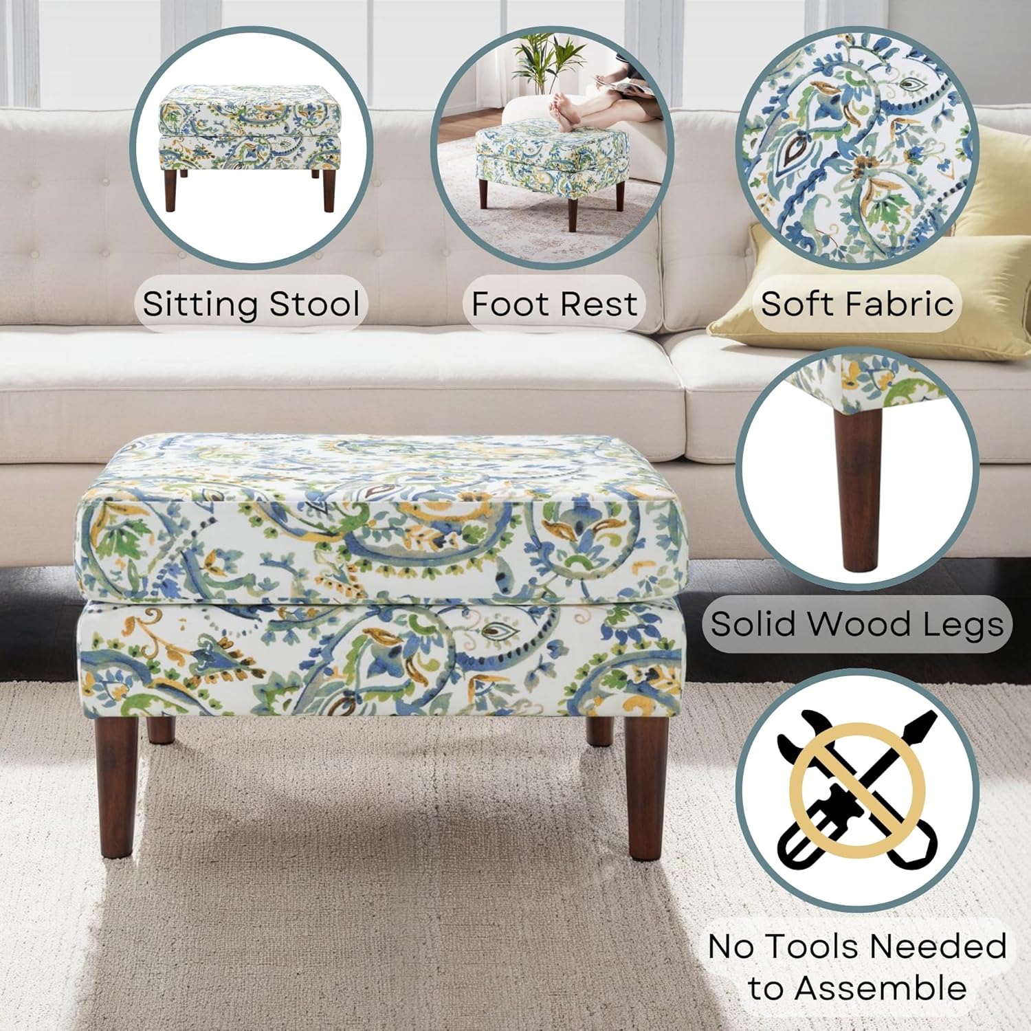 Convenience Concepts Designs4Comfort Marlow Ottoman 27" - Mid-Century Modern Upholstered Footrest & Seat for Living Room, Bedroom, Hallway, or Entryway, Paisley Fabric