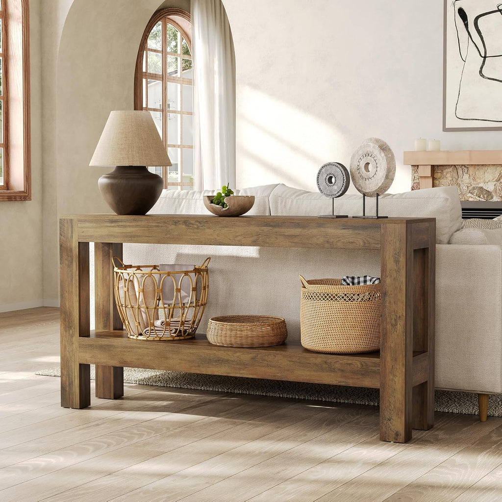 LITTLE TREE 63-Inch Entryway Console Table, Long Farmhouse Narrow Sofa Table for Living Room, Hallway, Entry, Entrance, Foyer, Behind Couch with 2-Tier Shelves, Rustic Brown