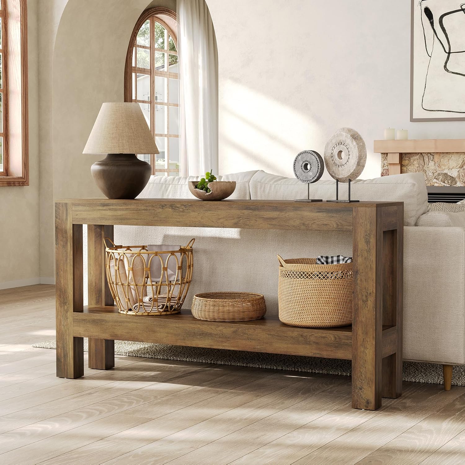 LITTLE TREE 63-Inch Entryway Console Table, Long Farmhouse Narrow Sofa Table for Living Room, Hallway, Entry, Entrance, Foyer, Behind Couch with 2-Tier Shelves, Rustic Brown