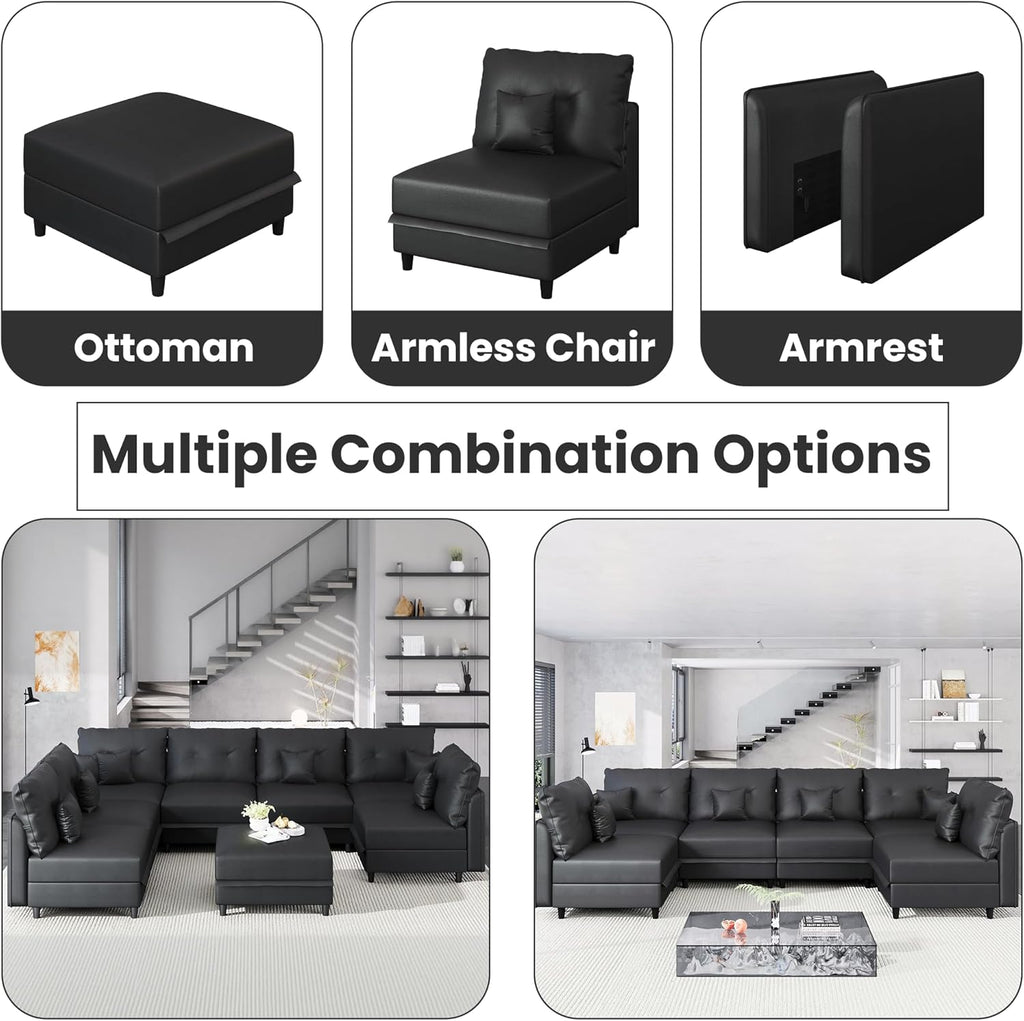 LLappuil Faux Leather Sectional 7-Seater Modular Sofa with Storage, Wide Deep Seat U Shaped Couch for Living Room, Office, Apartment, Rearranged, Waterproof & Easy Clean, Black