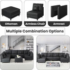 LLappuil Faux Leather Sectional 7-Seater Modular Sofa with Storage, Wide Deep Seat U Shaped Couch for Living Room, Office, Apartment, Rearranged, Waterproof & Easy Clean, Black