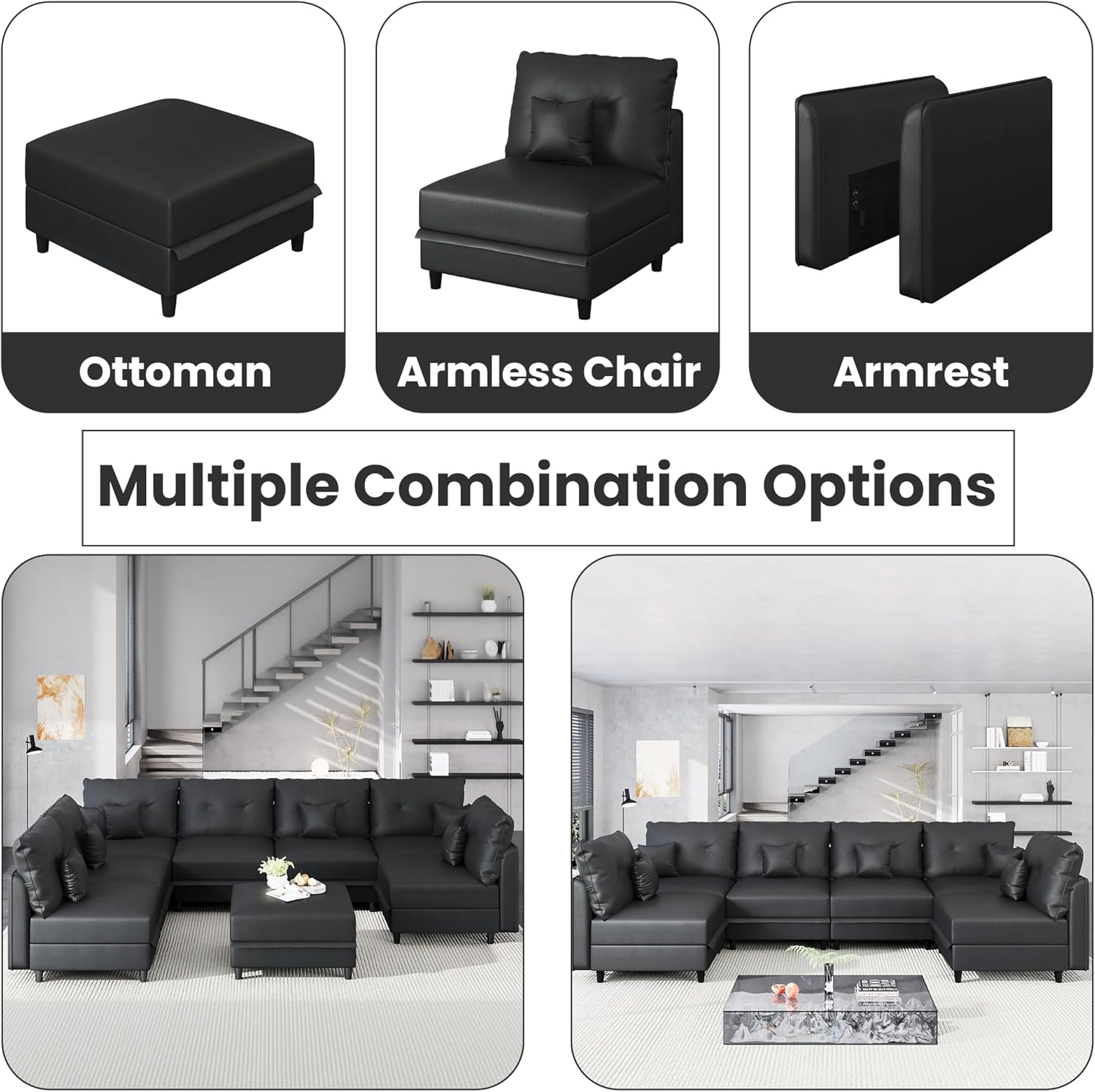 LLappuil Faux Leather Sectional 7-Seater Modular Sofa with Storage, Wide Deep Seat U Shaped Couch for Living Room, Office, Apartment, Rearranged, Waterproof & Easy Clean, Black