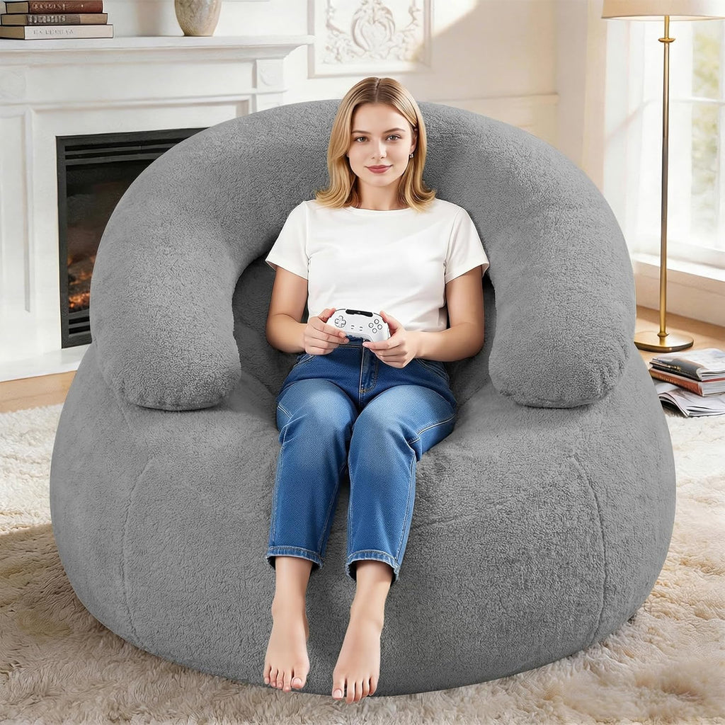 HABUTWAY Giant Bean Bag Chair, Oversized Beanbag Chair with Filler, Ultra Soft Teddy Fleece Bean Bag Lounge Floor Sofa w/U-Shaped Pillow for Gaming, Reading, Light Grey & Light Grey