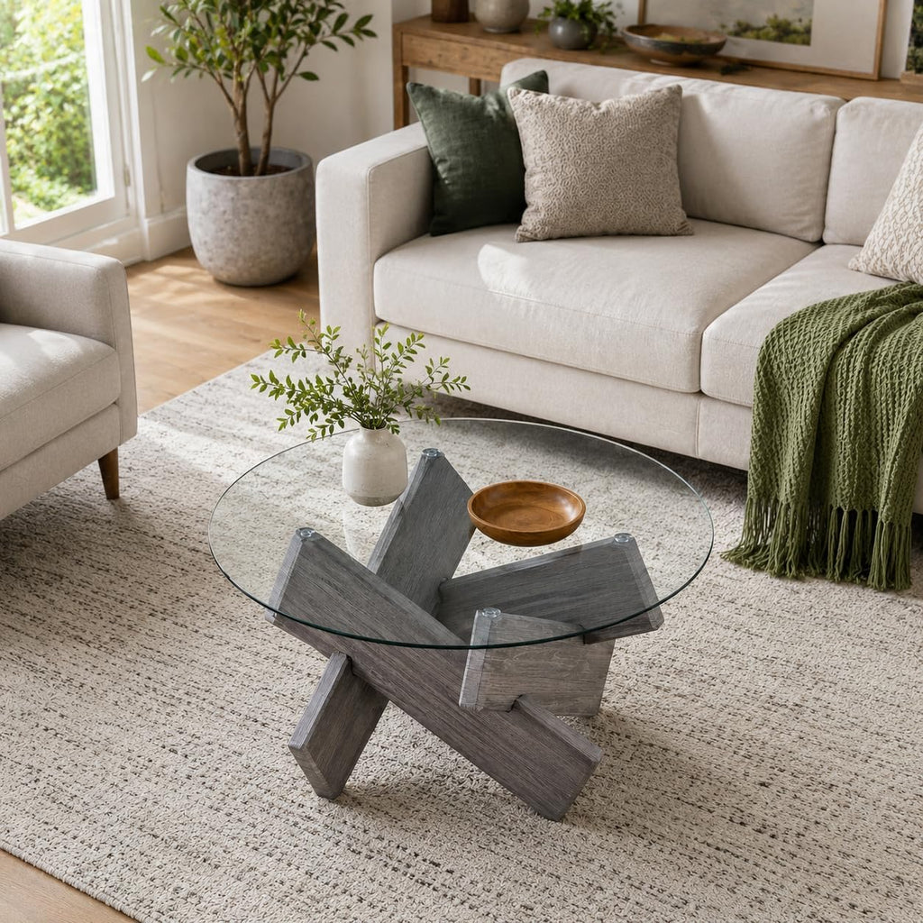 Round Glass Top Coffee Tables, 33.4 Inch Gray Coffee Table with Crossed Legs, Modern Mid Century Round Coffee Tables for Living Room, Circle Glass Coffee Tables for Living Room