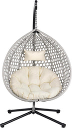 Hanging Egg Chair with Stand – 330 Lbs Capacity Patio Rattan Basket Chair, Garden Swing Hammock with Soft Removable Cushion, Indoor Outdoor for Balcony, Porch, Poolside & Bedroom, Gray+Beige