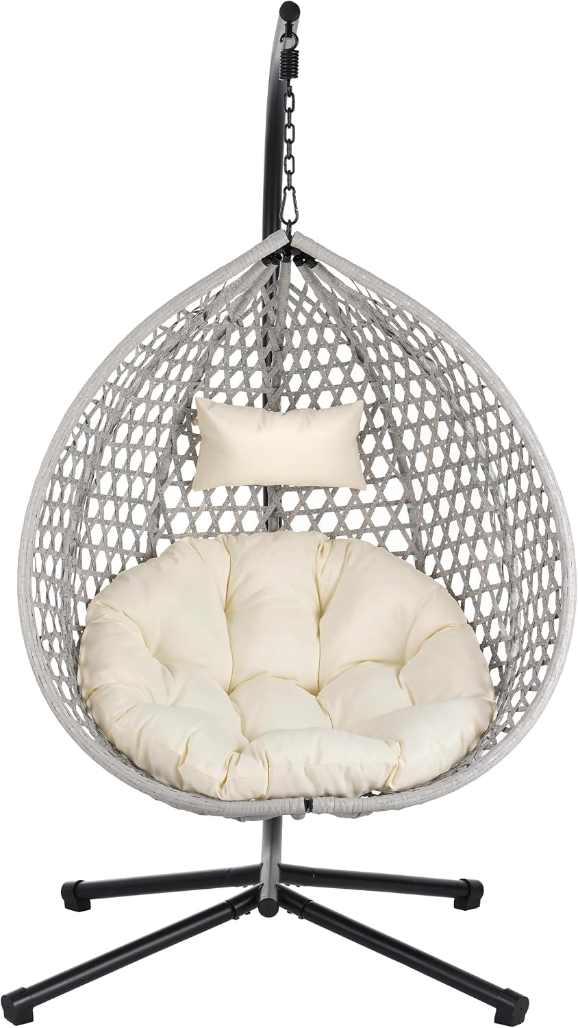 Hanging Egg Chair with Stand – 330 Lbs Capacity Patio Rattan Basket Chair, Garden Swing Hammock with Soft Removable Cushion, Indoor Outdoor for Balcony, Porch, Poolside & Bedroom, Gray+Beige