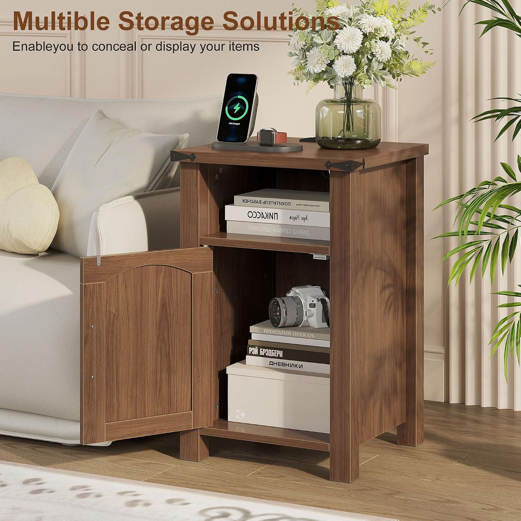 Farmhouse Nightstand with Charging Station, End Table with USB/Type-C Ports and Power Outlets, Rustic Bedside Table with Large Storage and Open Shelf, Modern Side Table for Bedroom, Walnut