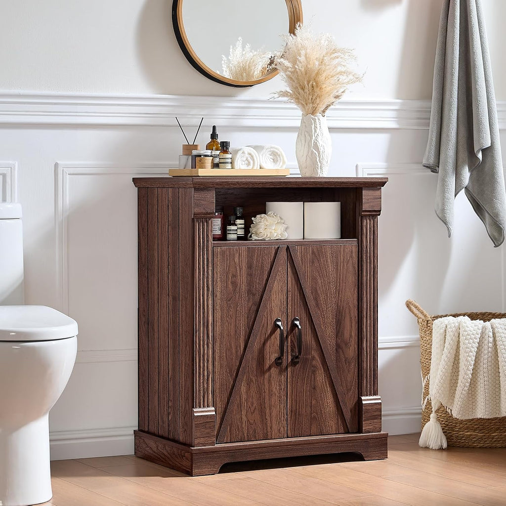 BuildHom 24" Farmhouse Storage Cabinet – Walnut Freestanding Buffet Sideboard with Barn Doors, Adjustable Shelf, Small Coffee Bar for Kitchen, Bathroom & Living Room