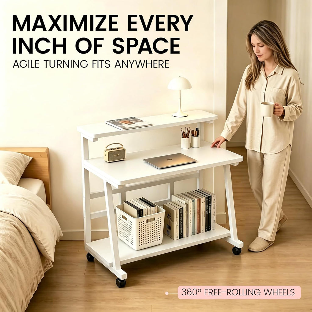 31.5 Inch Compact Rolling Computer Desk with Tier Worktable & Lockable Wheels, Small Computer Desk, Small Desk for Bedroom, Mobile Writing Workstation Easy Assembly for Home Office Small Spaces