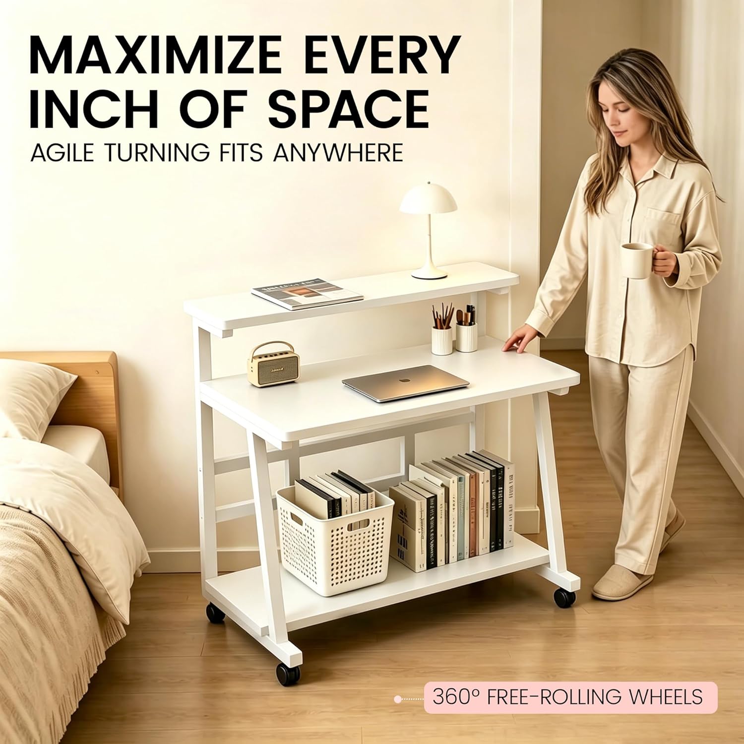 31.5 Inch Compact Rolling Computer Desk with Tier Worktable & Lockable Wheels, Small Computer Desk, Small Desk for Bedroom, Mobile Writing Workstation Easy Assembly for Home Office Small Spaces