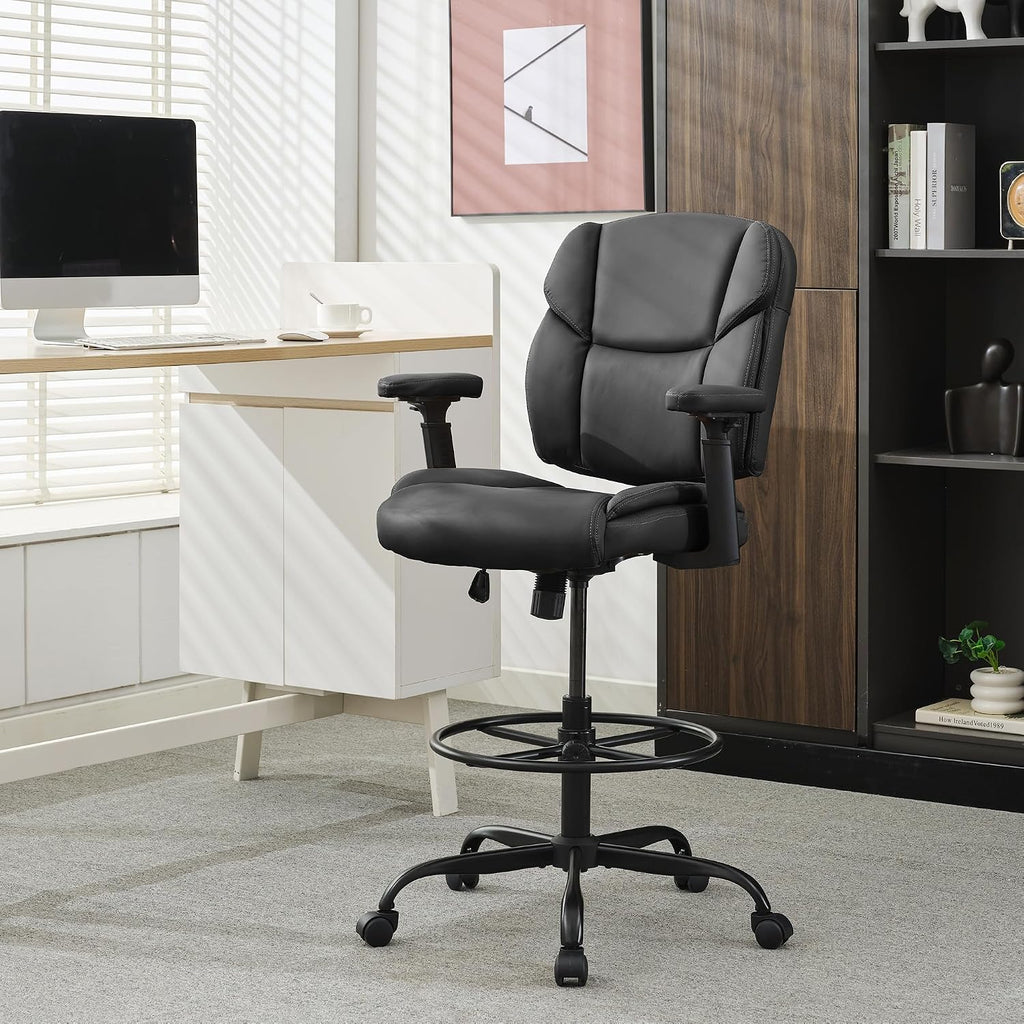 Okeysen Drafting Chair Standing Desk Chair, 500 LBS Leather Big and Tall Office Chair with Adjustable Armrests & Foot Ring, Modern Tall Desk Chair with Mid Back, Swivel Rolling Drafting Stool.