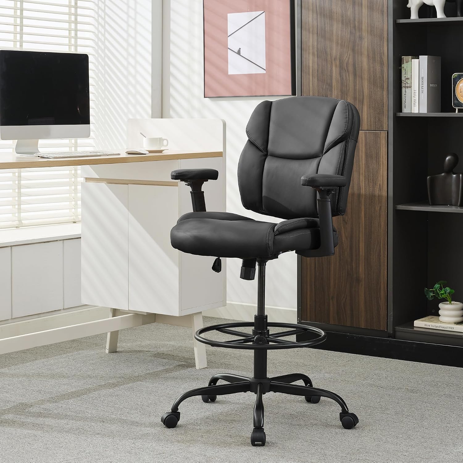 Okeysen Drafting Chair Standing Desk Chair, 500 LBS Leather Big and Tall Office Chair with Adjustable Armrests & Foot Ring, Modern Tall Desk Chair with Mid Back, Swivel Rolling Drafting Stool.