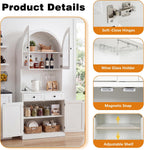 75" Farmhouse Tall Arched Pantry Cabinet with Charging Station & Bar, White | Adjustable Shelves, Open Countertop for Coffee Bar, empered Glass Door, Barn Door Lower Cabinet, Smooth-Glide Drawer