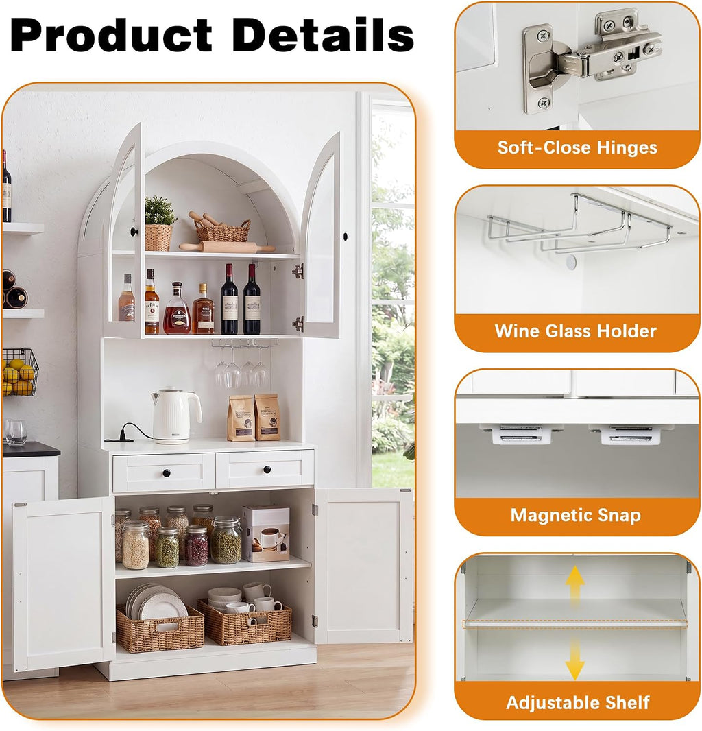75" Tall Arched Kitchen Pantry Cabinet with Charging Station, Farmhouse Hutch Storage Cabinet with 5-Tier Shelves and 2 Drawers, Home Bar White Cupboard for Kitchen, Dining Room, Living Room(White)