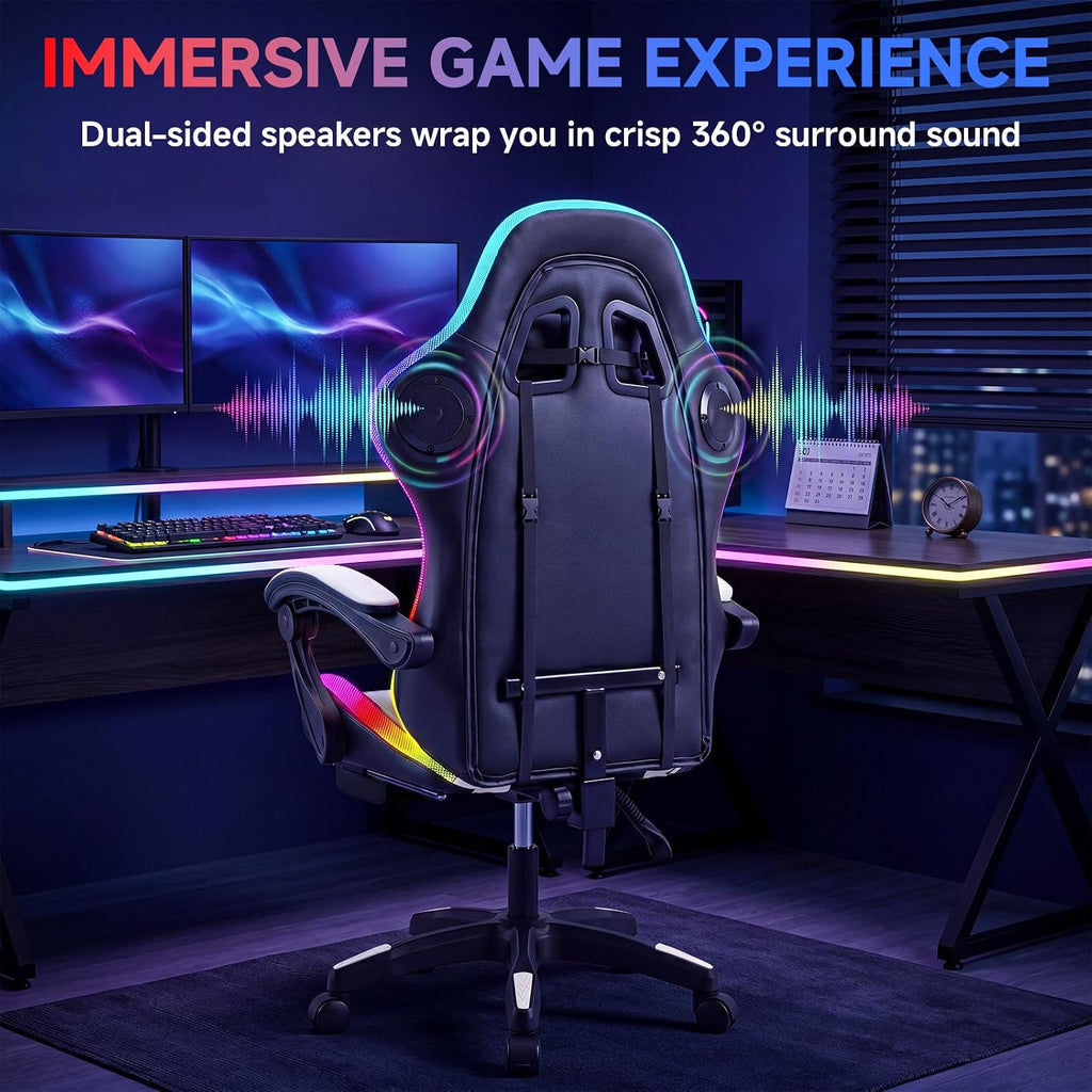 RGB LED Gaming Chair with Speakers & Footrest - Ergonomic High Back Racing Style Video Game Chair, Reclining Computer Desk Chair with Massage Lumbar Support & Headrest, 350lbs Heavy Duty
